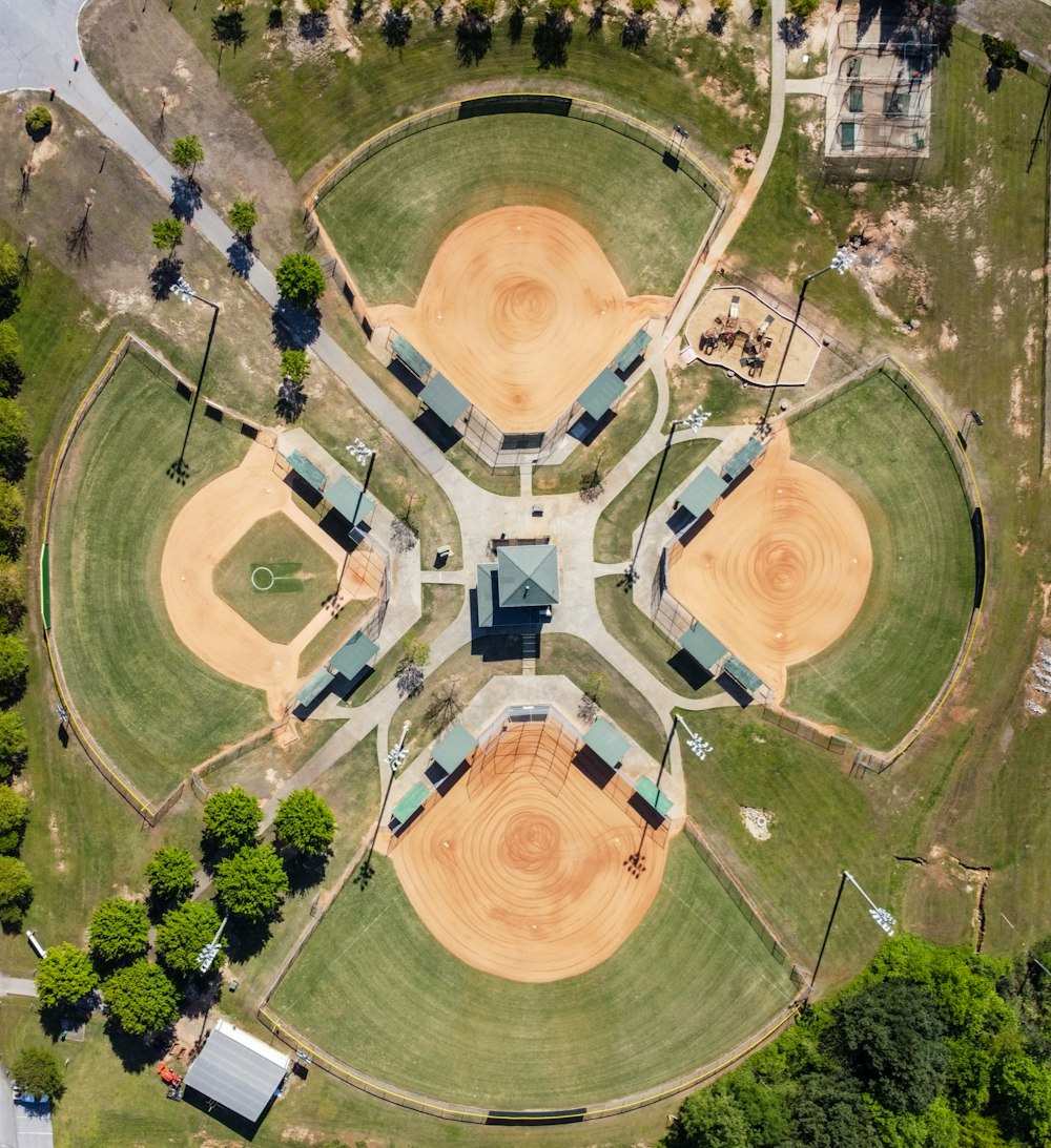 an aerial view of a baseball field in a park