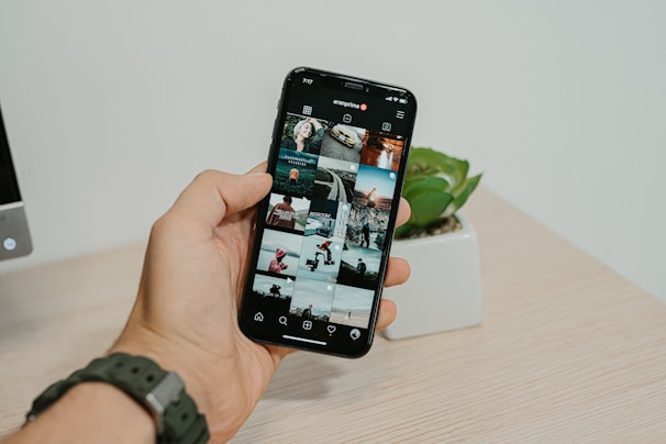 A hand holding a smartphone displaying an Instagram profile with multiple images, beside a small potted succulent plant on a light wooden desk.