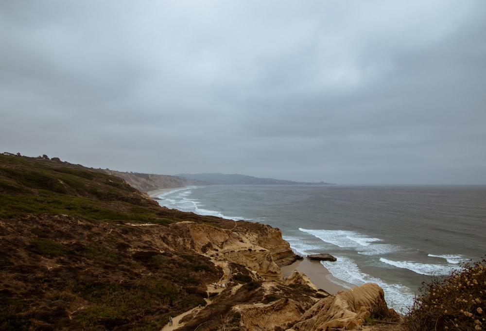 body of water near mountain under cloudy sky during daytime