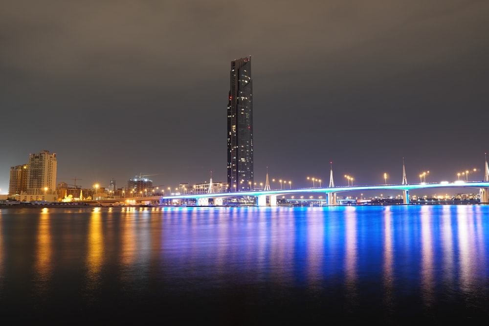 city skyline during night time