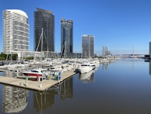 Several modern high-rise buildings line the edge of a marina, with numerous boats and yachts docked on still water. The clear blue sky and calm waters provide a serene backdrop for the urban landscape.