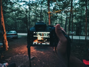 a person taking a picture of a fire in the woods
