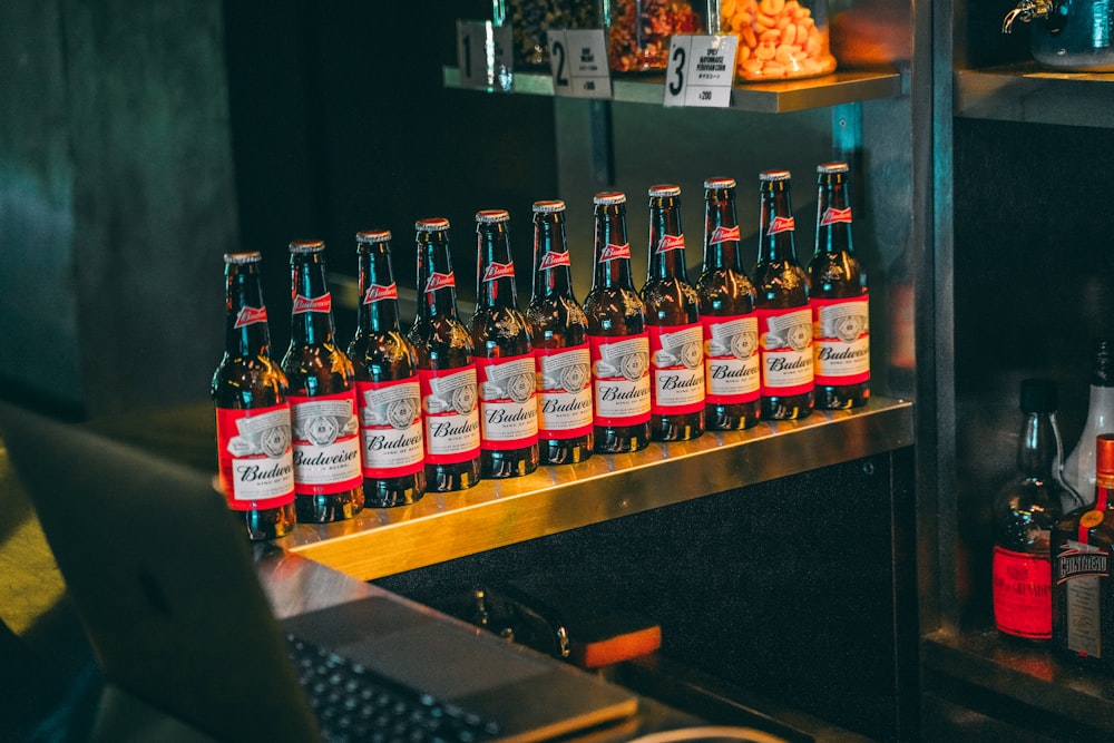 assorted bottles on brown wooden shelf