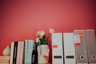 A collection of books arranged vertically next to a ceramic vase with pink flowers on a shelf. White document holders are lined up beside them against a red background.