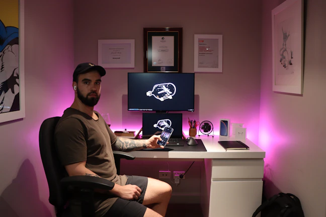 Lifestyle shot of a person using the Cool Pad SFH in a cozy, stylish home office.
