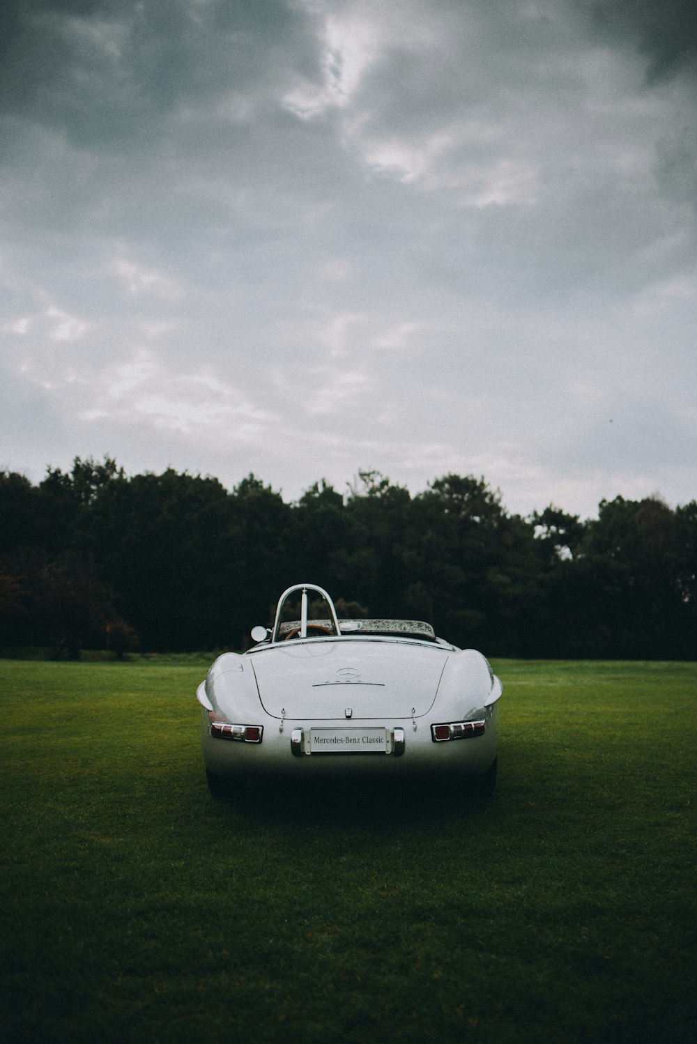 white convertible car on green grass field under gray cloudy sky