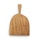 A wooden cutting board with a long handle, featuring a natural grain pattern. The shape is somewhat rectangular with rounded edges, and the wood has a warm, golden-brown hue.