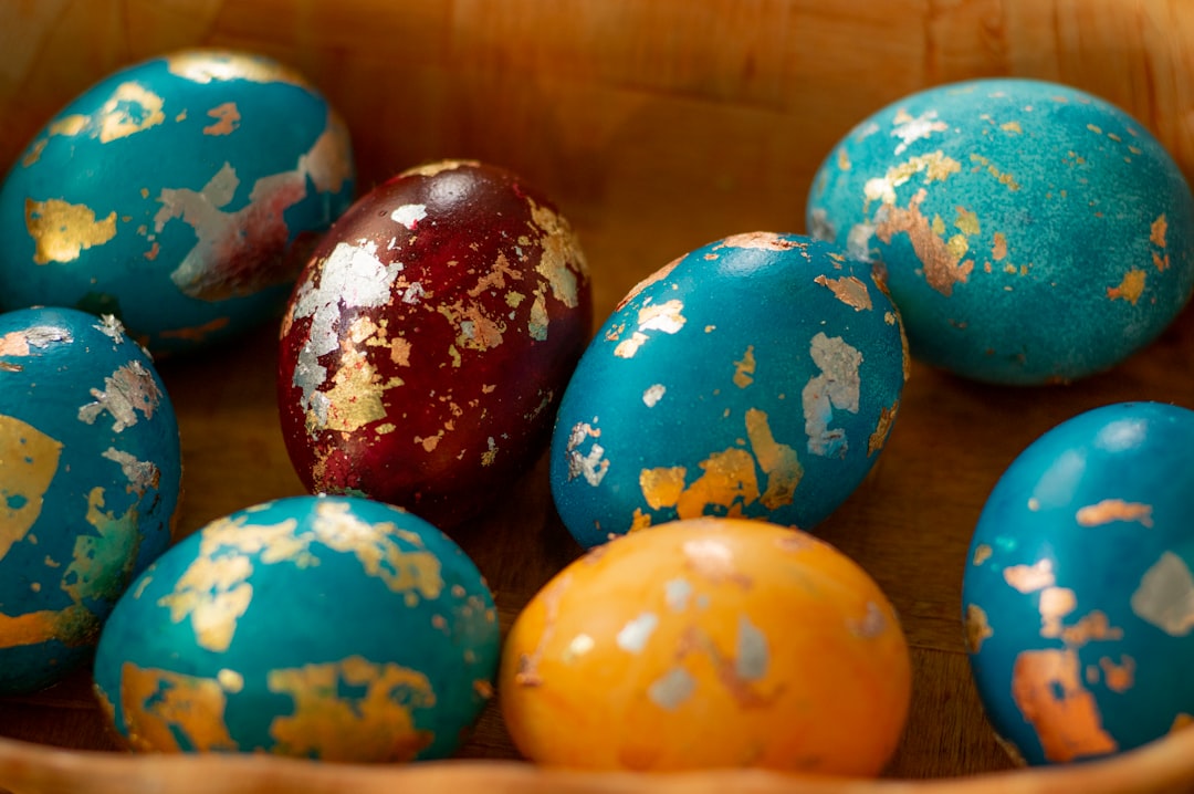 blue yellow and red egg decors