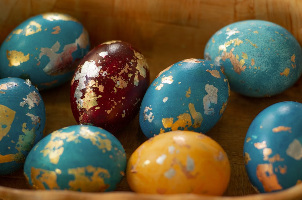 blue yellow and red egg decors