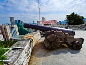 A historical cannon mounted on wooden wheels is placed on a stone platform with a cityscape in the background. The cannon is old and weathered, suggesting historical significance or preservation. Skyscrapers and buildings form the backdrop under a partly cloudy sky, with lush greenery also visible.
