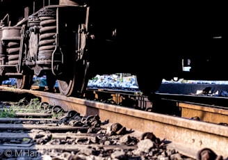 A close-up view of the undercarriage of a train showing suspension coils, wheels, and tracks. The angle captures the metallic and rugged textures of the train components against the tracks, with some greenery and rocky ground in the foreground.