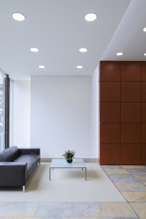 A modern interior with minimalist design featuring a sleek black couch next to a large window. A glass coffee table with a small plant sits on a light-colored rug over a tiled floor. The space is illuminated by ceiling lights and is partially enclosed by a wall with a reddish-brown panel design.