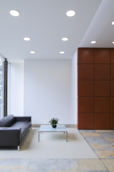Modern black and white minimalist living room with sleek furniture and large windows.
