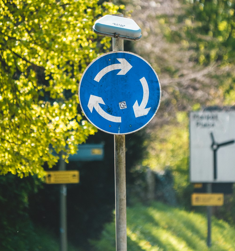 blue and white road sign