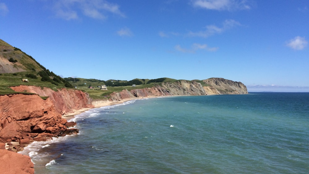 brown and green mountain beside body of water during daytime