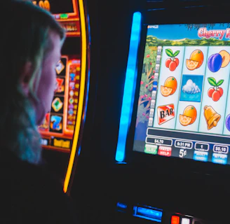 Close-up of spinning reels on a virtual slot game with vibrant fruit icons