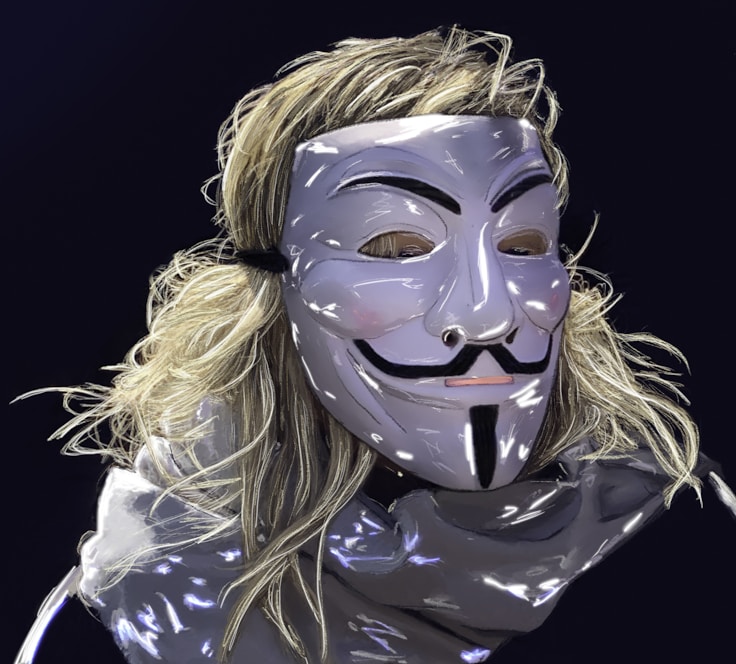 A person wears a reflective, stylized mask resembling the iconic Guy Fawkes design. Long, light-colored hair flows around the mask, and the background is a dark, solid color. The mask features distinct black markings with a smooth surface.