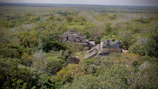 Ancient stone ruins framed by lush green jungle foliage.
