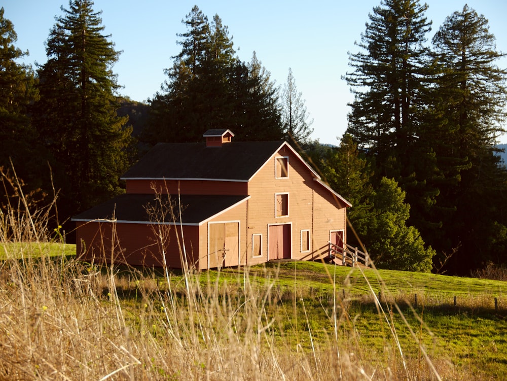 brown wooden house in the middle of green grass field