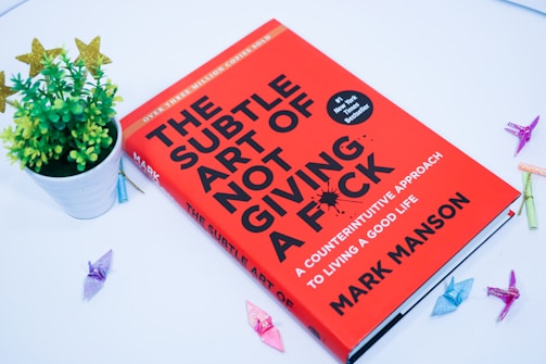 A red book titled 'The Subtle Art of Not Giving A F*ck' by Mark Manson is placed on a white surface. There is a small green potted plant with decorative golden stars on its top left and several small, colorful, origami birds scattered around.