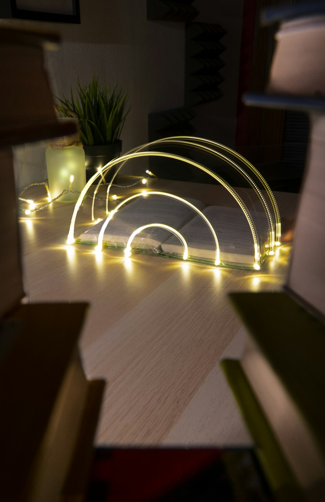 white spiral light on brown wooden table