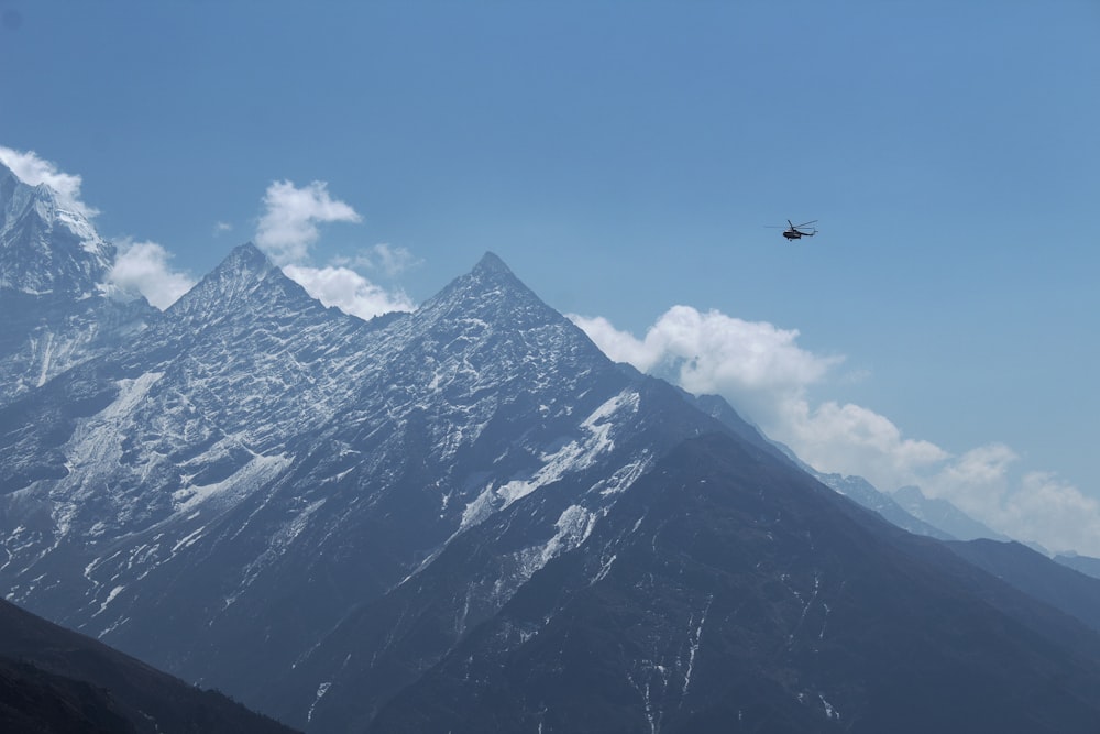 black bird flying over snow covered mountain during daytime