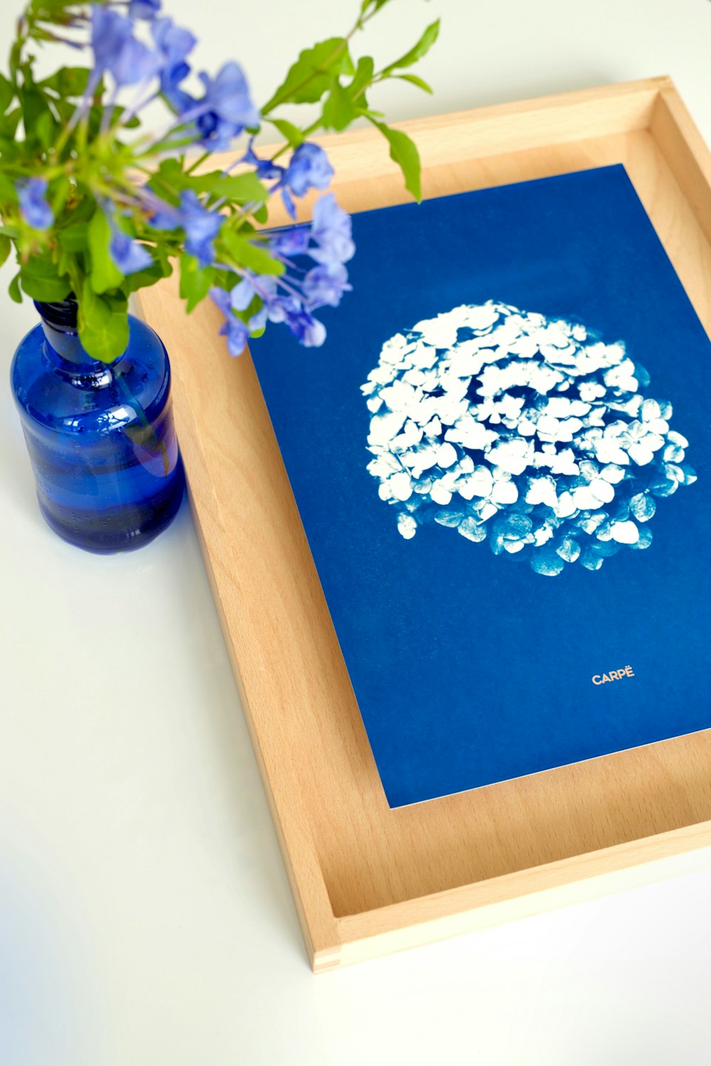 white and blue flowers in blue vase on brown wooden table