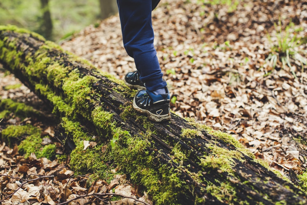 person in black pants and black and white nike sneakers standing on green moss covered ground