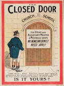 An illustration depicting a man in Victorian attire standing in front of a large wooden door with an archway labeled 'Church School.' A sign on the door states 'For Head and Assistant Master & Mistress-ships No Nonconformist Need Apply.' A caption below quotes 'John Bull' expressing discontent about religious equality.
