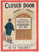 An illustration depicting a man in Victorian attire standing in front of a large wooden door with an archway labeled 'Church School.' A sign on the door states 'For Head and Assistant Master & Mistress-ships No Nonconformist Need Apply.' A caption below quotes 'John Bull' expressing discontent about religious equality.