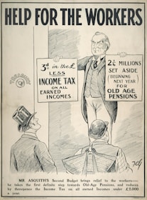A black and white illustration featuring a man holding two signs. The left sign mentions a reduction in income tax on earned incomes, and the right sign discusses funds set aside for old age pensions. Two other men wearing hats are looking up at the man holding the signs. The text at the top reads 'Help for the Workers', and there is an explanation about Mr. Asquith's budget at the bottom.