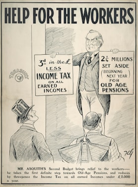 A black and white illustration featuring a man holding two signs. The left sign mentions a reduction in income tax on earned incomes, and the right sign discusses funds set aside for old age pensions. Two other men wearing hats are looking up at the man holding the signs. The text at the top reads 'Help for the Workers', and there is an explanation about Mr. Asquith's budget at the bottom.
