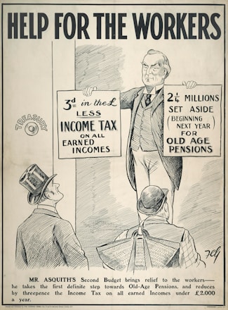 A black and white illustration featuring a man holding two signs. The left sign mentions a reduction in income tax on earned incomes, and the right sign discusses funds set aside for old age pensions. Two other men wearing hats are looking up at the man holding the signs. The text at the top reads 'Help for the Workers', and there is an explanation about Mr. Asquith's budget at the bottom.