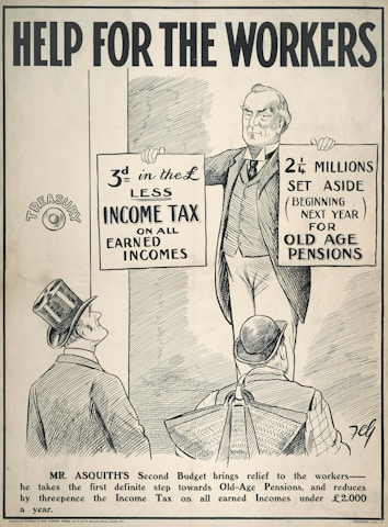 A black and white illustration featuring a man holding two signs. The left sign mentions a reduction in income tax on earned incomes, and the right sign discusses funds set aside for old age pensions. Two other men wearing hats are looking up at the man holding the signs. The text at the top reads 'Help for the Workers', and there is an explanation about Mr. Asquith's budget at the bottom.