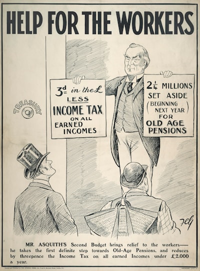 A black and white illustration featuring a man holding two signs. The left sign mentions a reduction in income tax on earned incomes, and the right sign discusses funds set aside for old age pensions. Two other men wearing hats are looking up at the man holding the signs. The text at the top reads 'Help for the Workers', and there is an explanation about Mr. Asquith's budget at the bottom.