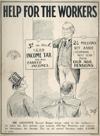 A black and white illustration featuring a man holding two signs. The left sign mentions a reduction in income tax on earned incomes, and the right sign discusses funds set aside for old age pensions. Two other men wearing hats are looking up at the man holding the signs. The text at the top reads 'Help for the Workers', and there is an explanation about Mr. Asquith's budget at the bottom.