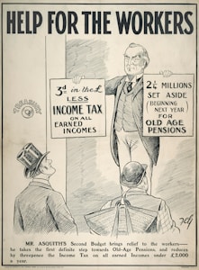 A black and white illustration featuring a man holding two signs. The left sign mentions a reduction in income tax on earned incomes, and the right sign discusses funds set aside for old age pensions. Two other men wearing hats are looking up at the man holding the signs. The text at the top reads 'Help for the Workers', and there is an explanation about Mr. Asquith's budget at the bottom.