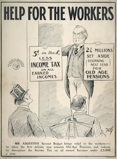 A black and white illustration featuring a man holding two signs. The left sign mentions a reduction in income tax on earned incomes, and the right sign discusses funds set aside for old age pensions. Two other men wearing hats are looking up at the man holding the signs. The text at the top reads 'Help for the Workers', and there is an explanation about Mr. Asquith's budget at the bottom.