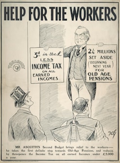 A black and white illustration featuring a man holding two signs. The left sign mentions a reduction in income tax on earned incomes, and the right sign discusses funds set aside for old age pensions. Two other men wearing hats are looking up at the man holding the signs. The text at the top reads 'Help for the Workers', and there is an explanation about Mr. Asquith's budget at the bottom.