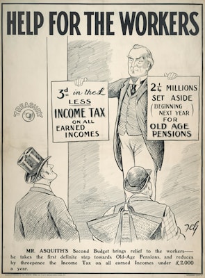 A black and white illustration featuring a man holding two signs. The left sign mentions a reduction in income tax on earned incomes, and the right sign discusses funds set aside for old age pensions. Two other men wearing hats are looking up at the man holding the signs. The text at the top reads 'Help for the Workers', and there is an explanation about Mr. Asquith's budget at the bottom.