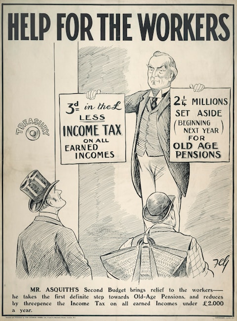A black and white illustration featuring a man holding two signs. The left sign mentions a reduction in income tax on earned incomes, and the right sign discusses funds set aside for old age pensions. Two other men wearing hats are looking up at the man holding the signs. The text at the top reads 'Help for the Workers', and there is an explanation about Mr. Asquith's budget at the bottom.