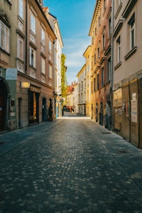 empty street between brown concrete buildings during daytime