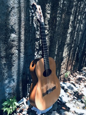 A wooden acoustic guitar leans against a textured stone wall, casting a shadow on the ground. The sunlight creates contrasting patterns on the wall. Leaves and debris are scattered on the ground around the base of the guitar.