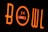 Bright neon sign displaying the word 'BOWL' in large letters with '24 LANES' inside a circle, set against a dark background.