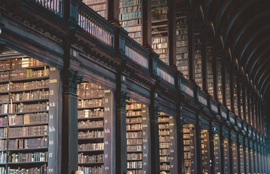 A grand library interior with multiple levels of tall, ornate bookshelves filled with numerous books. The architecture features high ceilings and a long corridor lined with wooden beams and railings. The atmosphere is both historic and scholarly.