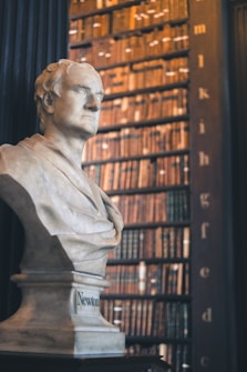A marble bust displayed prominently in a library setting filled with shelves of old books. The statue is intricately detailed, showcasing a classical style, and it rests on a base with the name 'Newton.' The background features a rich, warm wooden texture of bookshelves stacked with volumes.