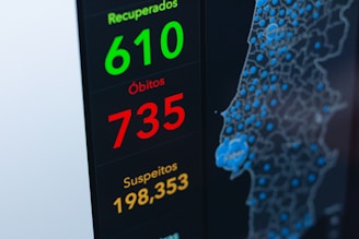 The image displays a digital screen with COVID-19 statistics, including the numbers of recovered, deaths, and suspected cases. A map with blue circular markers is visible on the right side, indicating different locations.