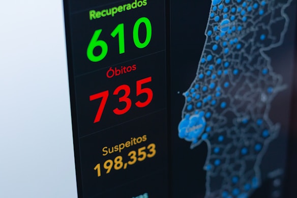 The image displays a digital screen with COVID-19 statistics, including the numbers of recovered, deaths, and suspected cases. A map with blue circular markers is visible on the right side, indicating different locations.