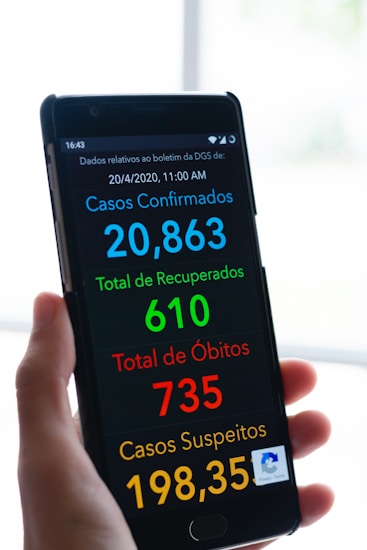 A hand is holding a smartphone displaying COVID-19 statistics. The screen shows numbers for confirmed cases, recovered cases, deaths, and suspected cases, with a date and time at the top.