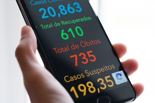A hand holds a smartphone displaying a screen with colorful statistics related to health data. The numbers are large and prominent, with different colors assigned to each category for cases, recoveries, deaths, and suspicions.